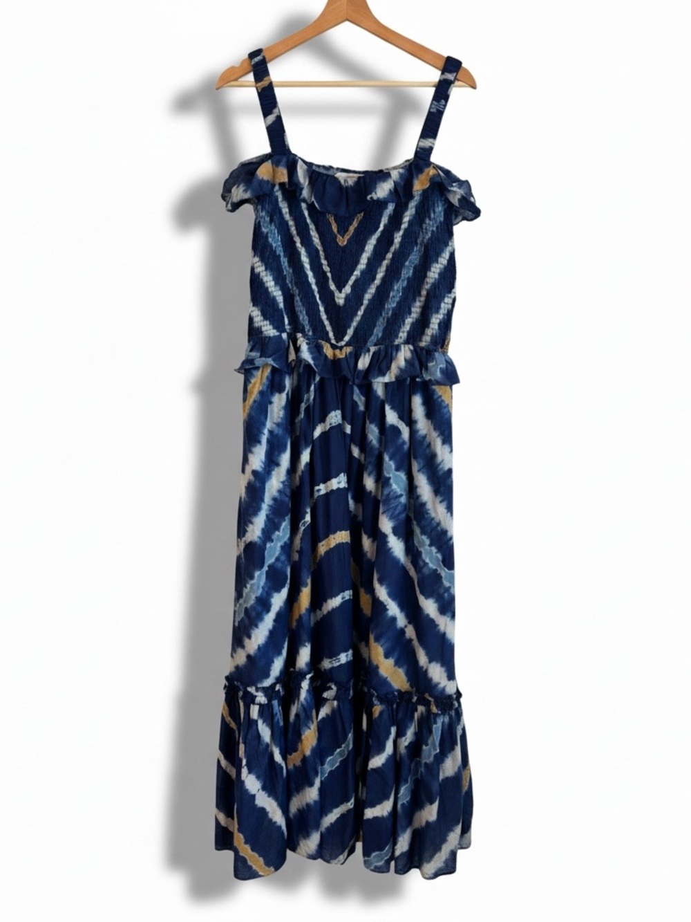 Cara Cara Brenda Navy, white & Gold Tie-Dye Midi Dress